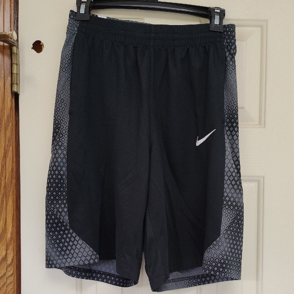 Nike Dri-Fit Boy's Black and Gray Athletic Shorts with Geometric Pattern